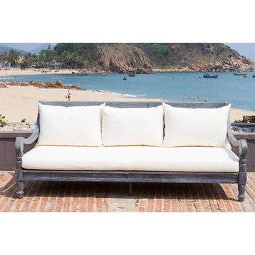 Patio Daybed Sofa, Carved Acacia Wood Frame & Cushioned Seat, Ash Gray/Beige