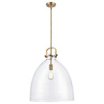 INNOVATIONS LIGHTING - INNOVATIONS LIGHTING 412-1S-BB-18CL Newton Bell Pendant - INNOVATIONS LIGHTING 412-1S-BB-18CL Newton Bell Pendant.  Innovations Lighting Newton Bell 1 Light 18 inch Brushed Brass Pendant.  Collection: Newton.  Material: Steel, Cast Brass, Glass.  Metal Finish(Body): Brushed Brass.  Metal Finish (Canopy/Backplate): Brushed Brass.  Dimension(in): 22(H) x 18(W) x 18(Dia).  Min/Max Height (Fixture Height with Shade, Cord or Included Stems & Canopy)(in): 31/55.  Wire/Cord: 10 Feet of Wire.  Stem: 1-6 and 2-12 inch downrods.  Sloped Ceiling Compatible: Yes.  Maximum Wattage Per Socket: 100.  Bulb: (1)60W Medium Base(Not Included).  Dimmable: Yes.  Lumens: 220.  Color Rendering Index(CRI): 99.9.  Voltage: 120.  Glass Shade Description: Clear Newton Bell.  Glass Type: Transparent .  Glass or Metal Shade Shape: Dome.  Glass or Metal Shade Color: Clear.  Shade Material: Glass.  Shade Size (Diameter x Height)(in): 18 X 19.625.  Canopy Dimensions(in): 4.5 x 0.75.  Certification: UL & ETL, Damp Location.  Bold architectural detail in metal and clear glass..