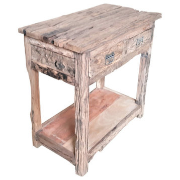 32" Rustic Kitchen Island Table, 2 Drawers, Distressed White Wood