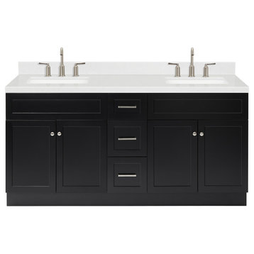 Ariel Hamlet 72" Double Rectangle Sink Bathroom Vanity, Carrara Quartz, Black