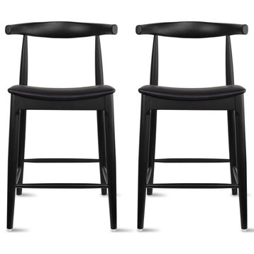 Set of 2 Solid Wood Farmhouse 25" Counter Stool with Faux Leather Cushion, Black