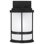 Sea Gull Lighting - Sea Gull Wilburn Small 1-LT LED Outdoor Wall, Black/Satin/White - With a nod to retro-industrial chic, the Wilburn outdoor fixtures wraps a white frosted glass shade in a fun metal cage to create a casual and easygoing look. Offered in Antique Bronze and Black finishes with Etched White glass, the assortment includes a one-light outdoor pendant, small medium, large, and extra-large one-light outdoor wall lanterns, a one-light out door post lantern and a one-light outdoor ceiling flush mount. Both incandescent lamping and ENERGY STAR-qualified LED lamping are available for most of the fixtures, and some can easily convert to LED by purchasing LED replacement lamps sold separately.
