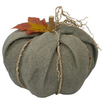 6.75" Green Burlap Autumn Harvest Table Top Pumpkin