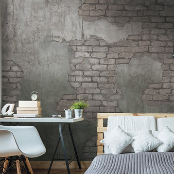 Concrete With Exposed Brick Wallpaper, Taupe/Gray, 6 Panels