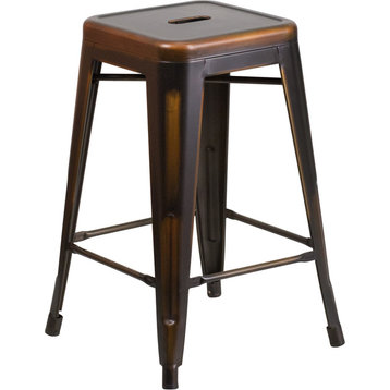 Backless Distressed Metal Indoor/Outdoor Stool, Copper, Counter Height