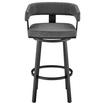 Lorin 30" Bar Height Swivel Bar Stool, Black Finish and Gray Faux Leather