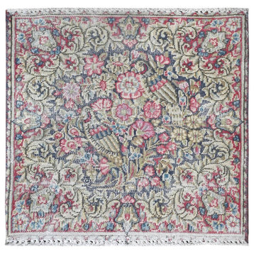 Colorful, Vintage Persian Kerman, Worn Wool Hand Knotted Square Rug, 1'7"x1'9"