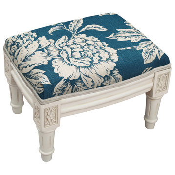 Peony-Navy, Linen Upholstered Footstool, Navy Blue