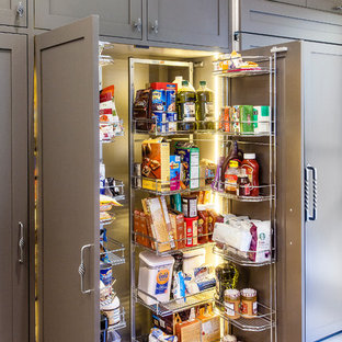 Transitional kitchen pantry ideas - Inspiration for a transitional kitchen pantry remodel in Denver with gray cabinets