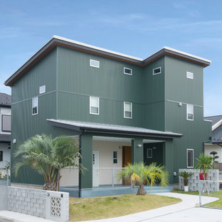 トラディショナルスタイルのおしゃれな家の外観 (緑の外壁、片流れ屋根、戸建) の写真