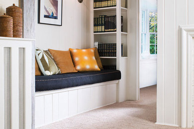 Inspiration for a mid-sized transitional carpeted bedroom remodel in Atlanta with white walls and no fireplace