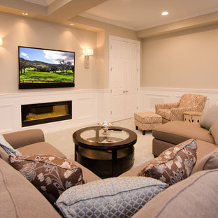 Design ideas for a medium sized classic enclosed home cinema in Detroit with beige walls, carpet and a wall mounted tv.