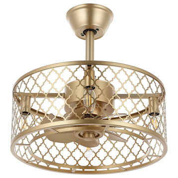 18" Modern 7-Blade Caged Ceiling Fan With Remote Control And Light, Gold