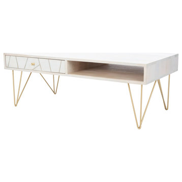 Retro Coffee Table, Hairpin Legs With Mango Wood Top & Drawer, White Wash/Brass