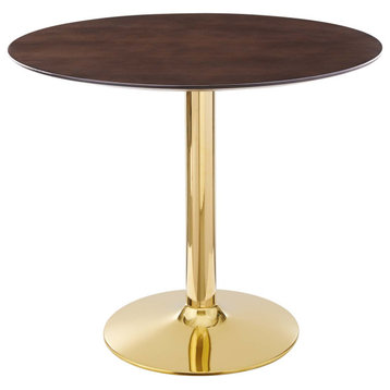 35" Dining Table, Round, Gold Walnut, Metal, Modern Cafe Bistro Hospitality