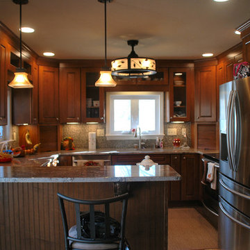 Traditional toffee kitchen remodel with multi-color mosaic tile back-splash