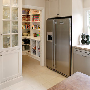 Transitional kitchen pantry ideas - Kitchen pantry - transitional u-shaped ceramic floor kitchen pantry idea in Sydney with a drop-in sink, recessed-panel cabinets, white cabinets, granite countertops, beige backsplash, stainless steel appliances and no island