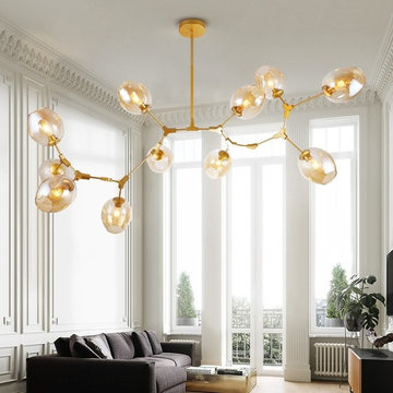 Modern Minimalist Tree Branch Amber Glass Globe Shade Adjustable Pendant Light