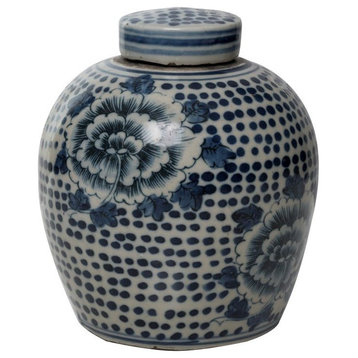 Blue and White Spotted Floral Porcelain Ginger Jar, 6"