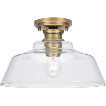 Singleton 1-Light 14" Vintage Brass Semi-Flush Mount Light, Clear Glass Shade