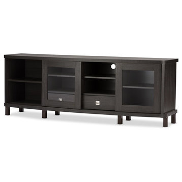 Dark Brown Wood TV Cabinet With 2 Sliding Doors and 2 Drawers