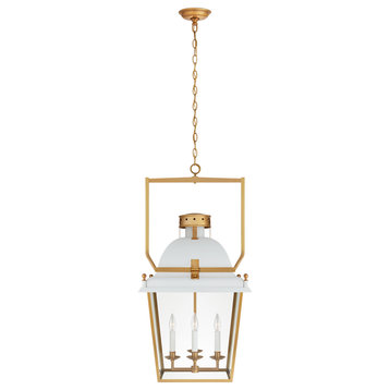 Coventry Medium Lantern in Matte White and Antique-Burnished Brass with Clear Gl
