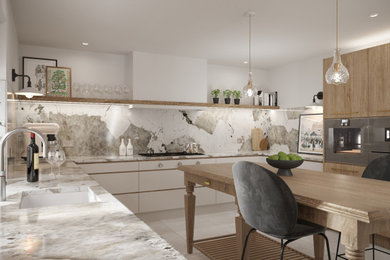 Large contemporary u-shaped enclosed kitchen in Other with a submerged sink, flat-panel cabinets, medium wood cabinets, marble worktops, white splashback, marble splashback, stainless steel appliances, limestone flooring, an island, beige floors, white worktops and a chimney breast.