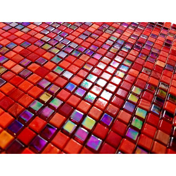 Galaxy 0.3125 in x 0.3125 in Glass Square Mosaic in Glossy Iridescent Nebula Red, Single Sheet