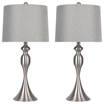 27" Curvy Brushed Nickel Table Lamps, Gray Textured Slub Linen Shades, Set of 2