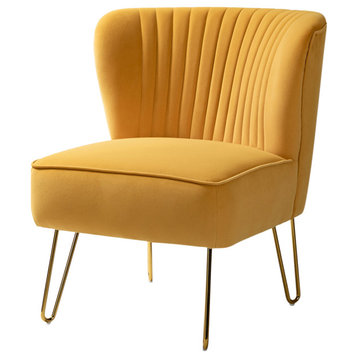 Tufted Side Chair With Golden Base, Mustard