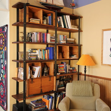 Custom Shelving Steel and Rough Walnut accommodating antique crates