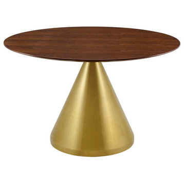 Dining Table, Round, Wood, Metal, Gold Brown Walnut, Modern, Restaurant