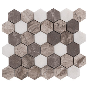 Silver Shadow-Carrara White Mix Marble 2" Hexagon on 12"x12"Mesh Mosaic-10 boxes