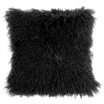 100% Authentic Mongolian Sheepskin Throw Pillow with Insert (16+ Colors), Black, 18"x18"