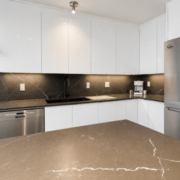 Seven-foot island with black veined quartz