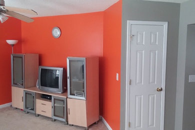 Example of a mid-sized minimalist carpeted family room design in Charlotte with multicolored walls and a tv stand