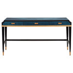 Currey & Company - Kallista Large Desk - The Kallista Large Desk is a grander version of the smaller writing desk to provide more surface area with equal panache. The mix of dark sapphire and glossy caviar black finishes enlivens the sycamore veneers, and the woodgrain brings the cabinet a hint of distressing. The sleek lines of the piece seem even more tailored thanks to the antique brass detailing. The shape of the door pulls echo this accent. Design details include brass ferrules and soft-close door hinges. We have a number of pieces in the Kallista family of products.