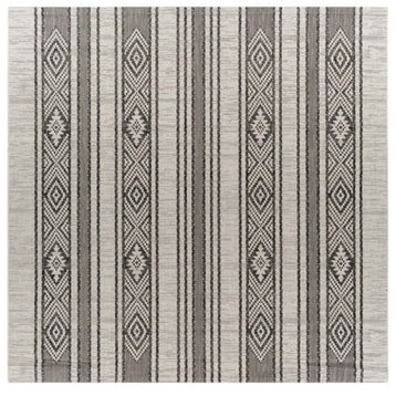 Indoor Outdoor Area Rug, Geometric Striped Pattern, Black-Ivory/8'10" X 12'