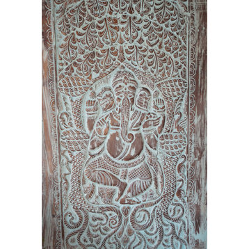 Consigned Ganesha Barn door, Tree of life Ganesh, Handcarved Blue Ganesh Door