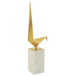 Harp and Finial - Bird Statue III Gold Finish on Metal with White Marble Base - With a gold bird figurine atop a white marble base, the Bird Statue III is an intriguing sculpture sure to be the focal point of contemporary decor. The sleek, simple lines and tall tail of the metal bird are reminiscent of origami, and the metallic gold finish is a stunning counterpoint to the bright white color of the square marble base. This avian tabletop sculpture makes a radiant addition to a family room, living room, or foyer.