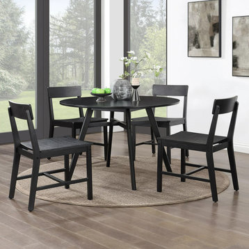 Set of 4 Dining Chair, Hardwood Legs With Wooden Seat & Open Back, Black