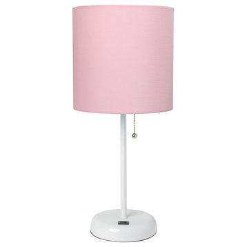 Limelights White Stick Lamp With Usb Charging Port and Fabric Shade, Light Pink