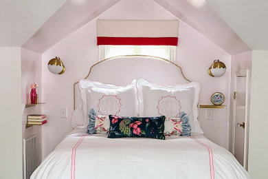 Small classic master bedroom in Atlanta with white walls, medium hardwood flooring, brown floors and a vaulted ceiling.