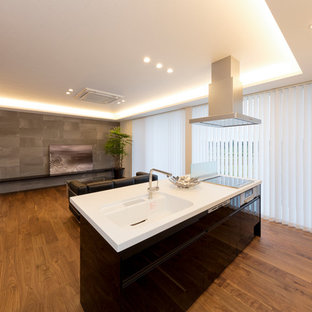 他の地域のモダンスタイルのおしゃれなキッチン (一体型シンク、フラットパネル扉のキャビネット、無垢フローリング、茶色い床) の写真