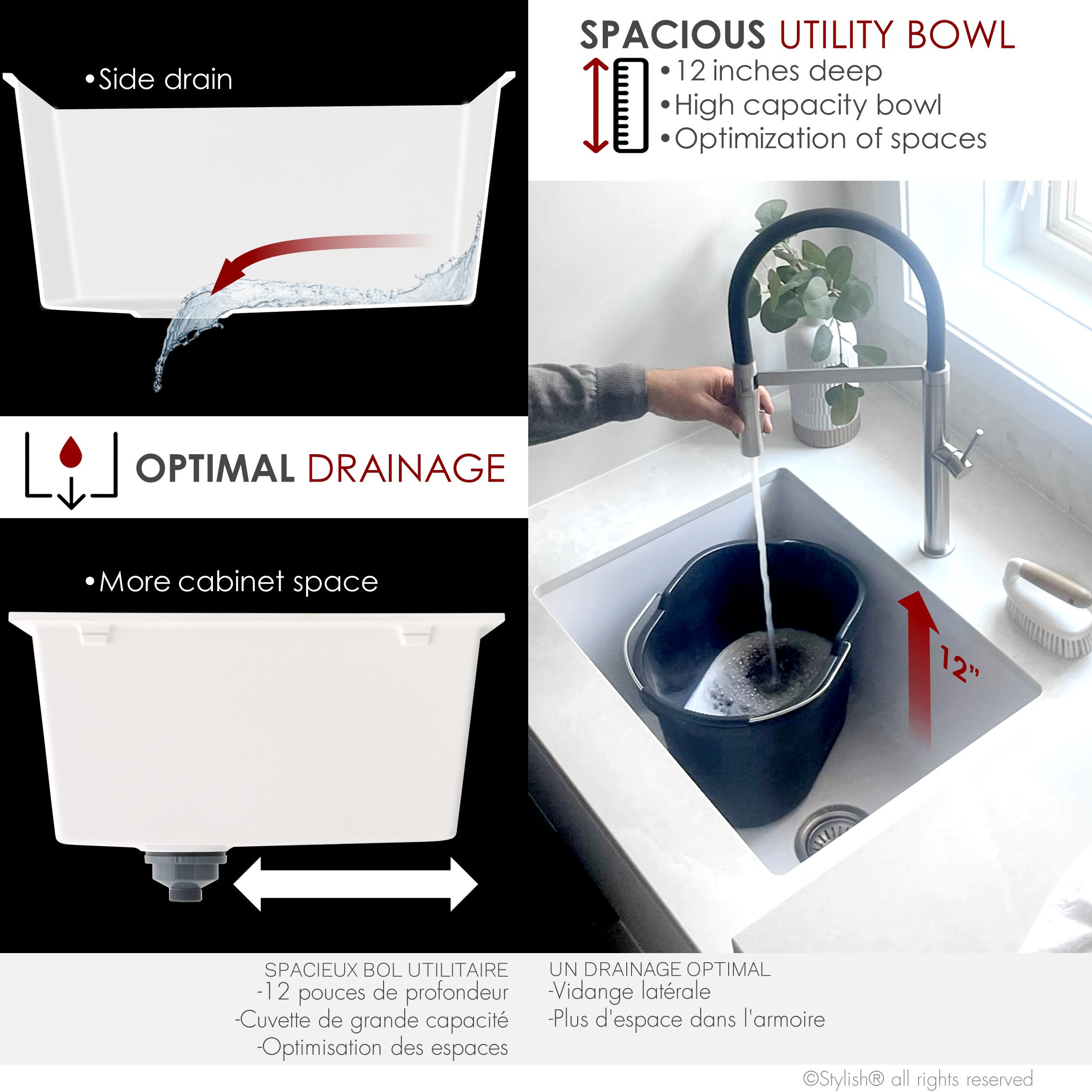 25 inch Dual Mount Single Bowl White Granite Laundry Sink S-825H