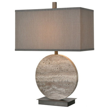 Grey Stone Marble Table Lamp White Faux Silk Fabric Shade and 3 Way Switch