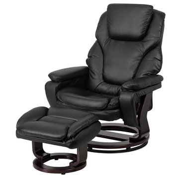 Contemporary Recliner Chair, Faux Leather Upholstered Seat With Ottoman, Black