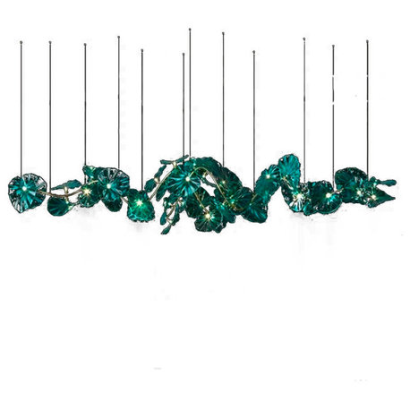 Cagliari | Unique Green Glass Leaves Shaped Pendant Chandelier, Green, D400, Cool Light