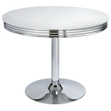 Contemporary Dining Table, Shiny Chrome Pedestal Base With Round White MDF Top