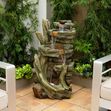 39" Outdoor Multi-Tier Cascading Stone Tower Waterfall Fountain with LED Lights